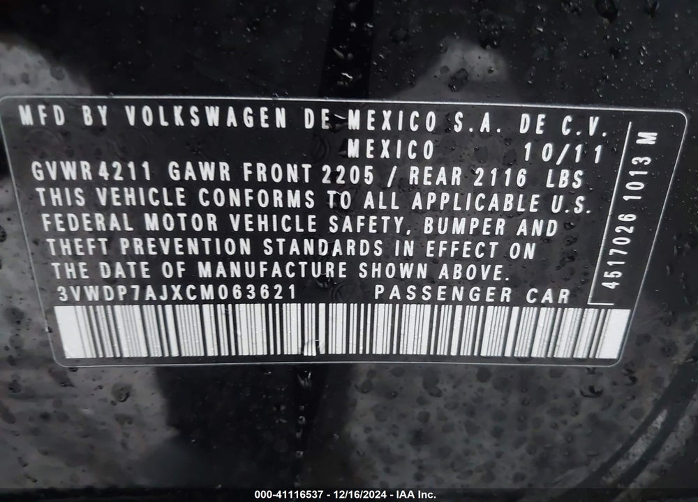 2012 VOLKSWAGEN JETTA VIN: 3VWDP7AJXCM063621