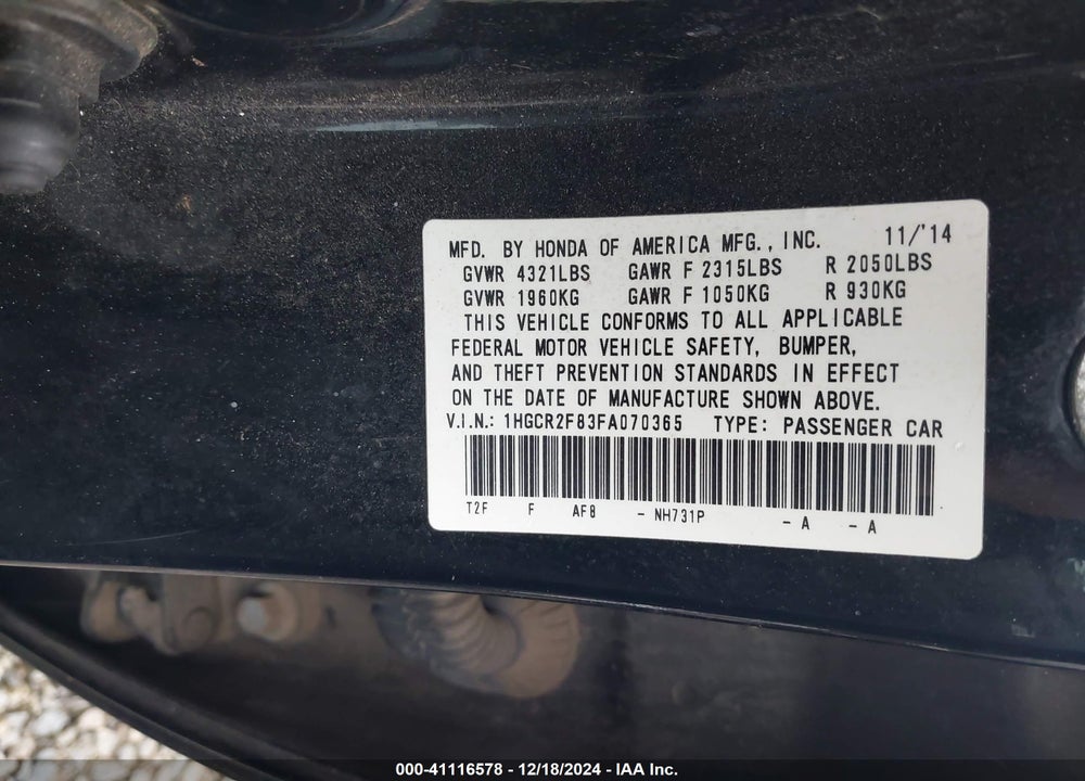 2015 HONDA ACCORD VIN: 1HGCR2F83FA070365