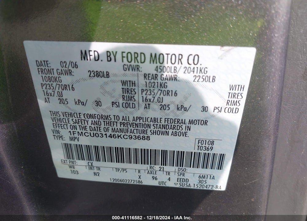 2006 FORD ESCAPE XLT/XLT SPORT VIN: 1FMCU03146KC93688