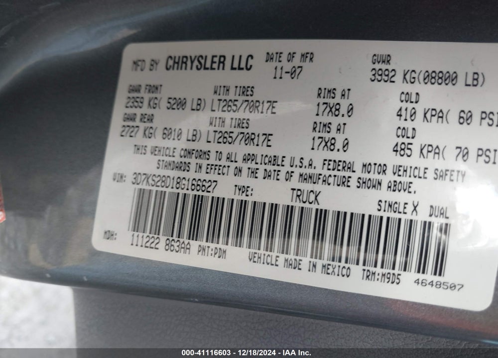 2008 DODGE RAM 2500 VIN: 3D7KS28D18G166627