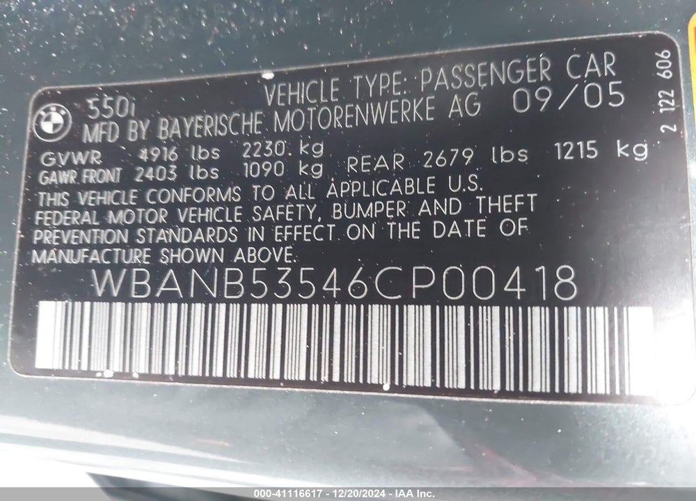 2006 BMW 550I VIN: WBANB53546CP00418