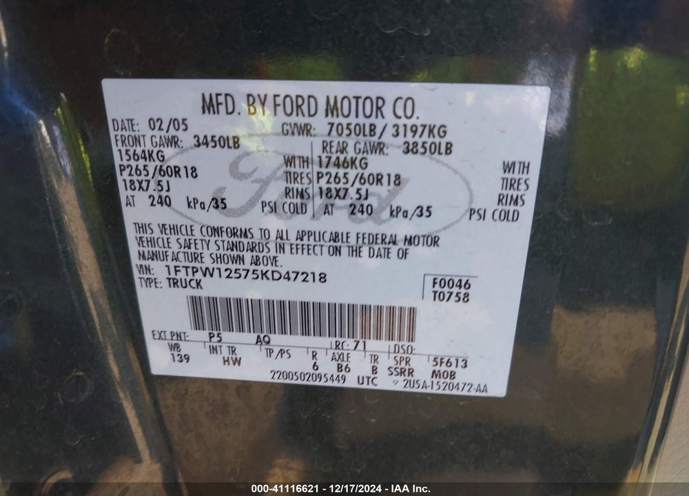 2005 FORD F-150 LARIAT/XLT VIN: 1FTPW12575KD47218
