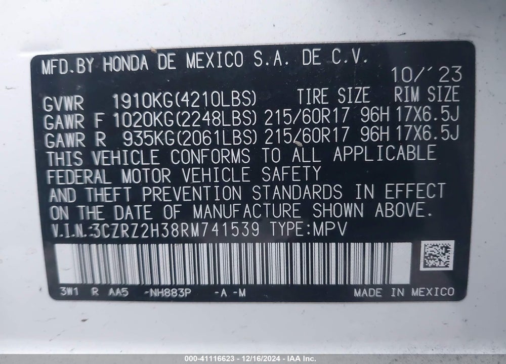 2024 HONDA HR-V AWD LX VIN: 3CZRZ2H38RM741539