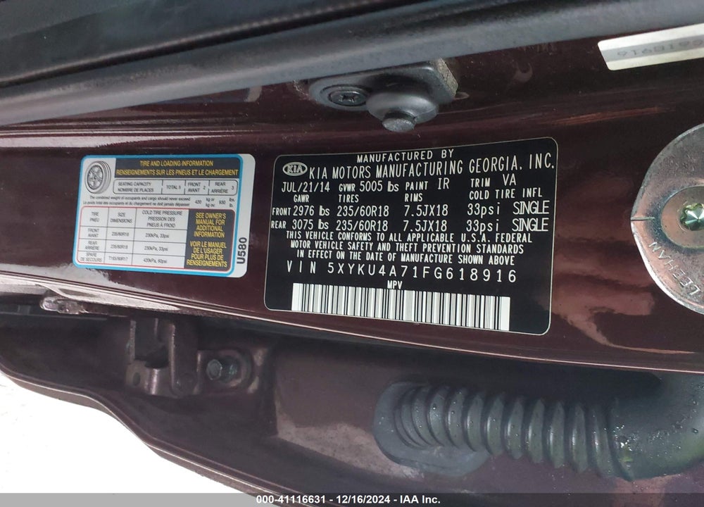 2015 KIA SORENTO EX V6 VIN: 5XYKU4A71FG618916