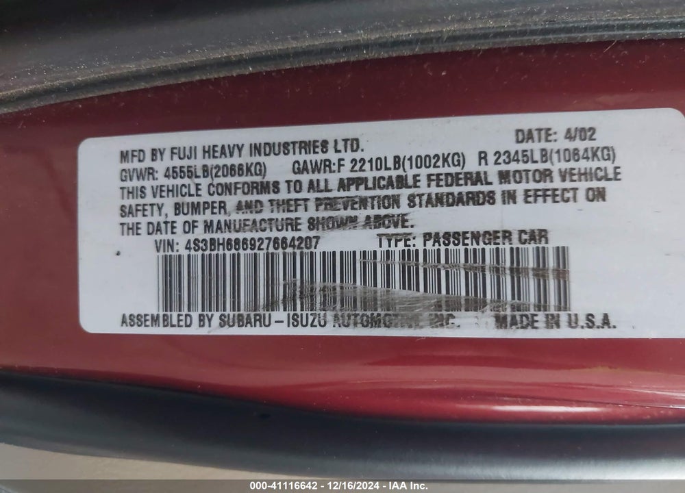 2002 SUBARU OUTBACK LIMITED VIN: 4S3BH686927664207