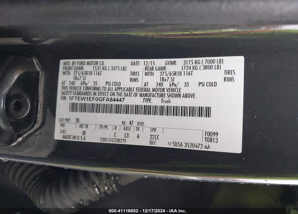 2016 FORD F150 VIN: 1FTEW1EF0GFA84447