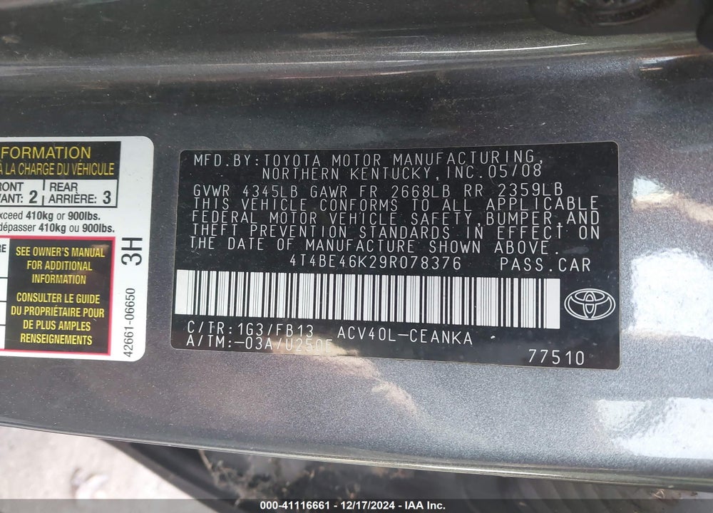 2009 TOYOTA CAMRY LE VIN: 4T4BE46K29R078376