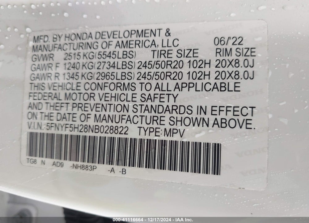 2022 HONDA PILOT 2WD SPECIAL EDITION VIN: 5FNYF5H28NB028822