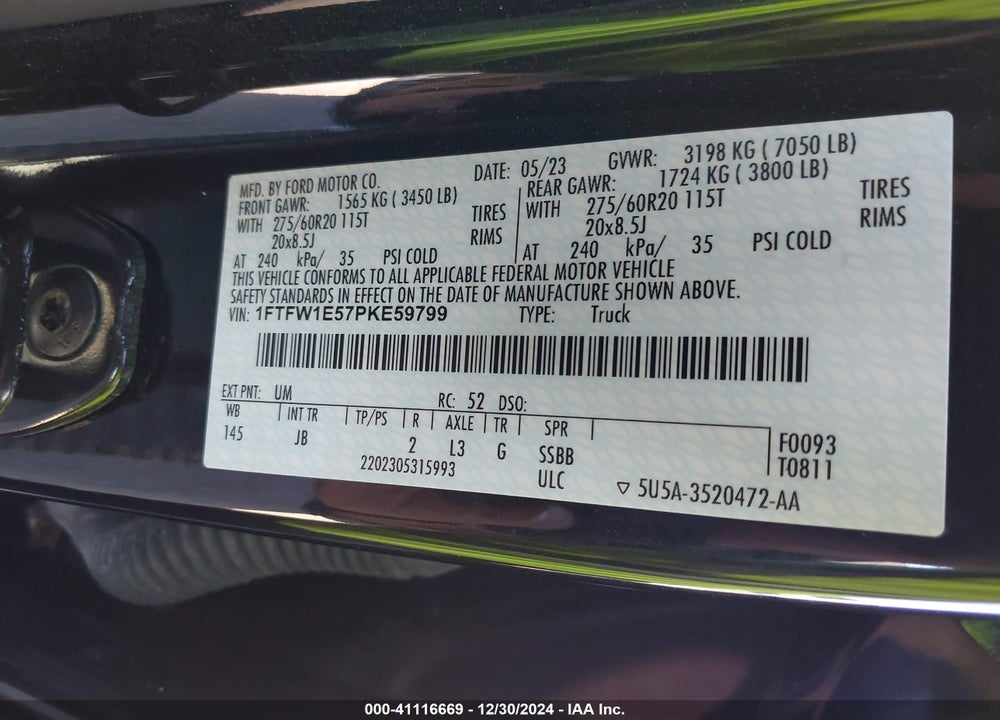 2023 FORD F-150 VIN: 1FTFW1E57PKE59799