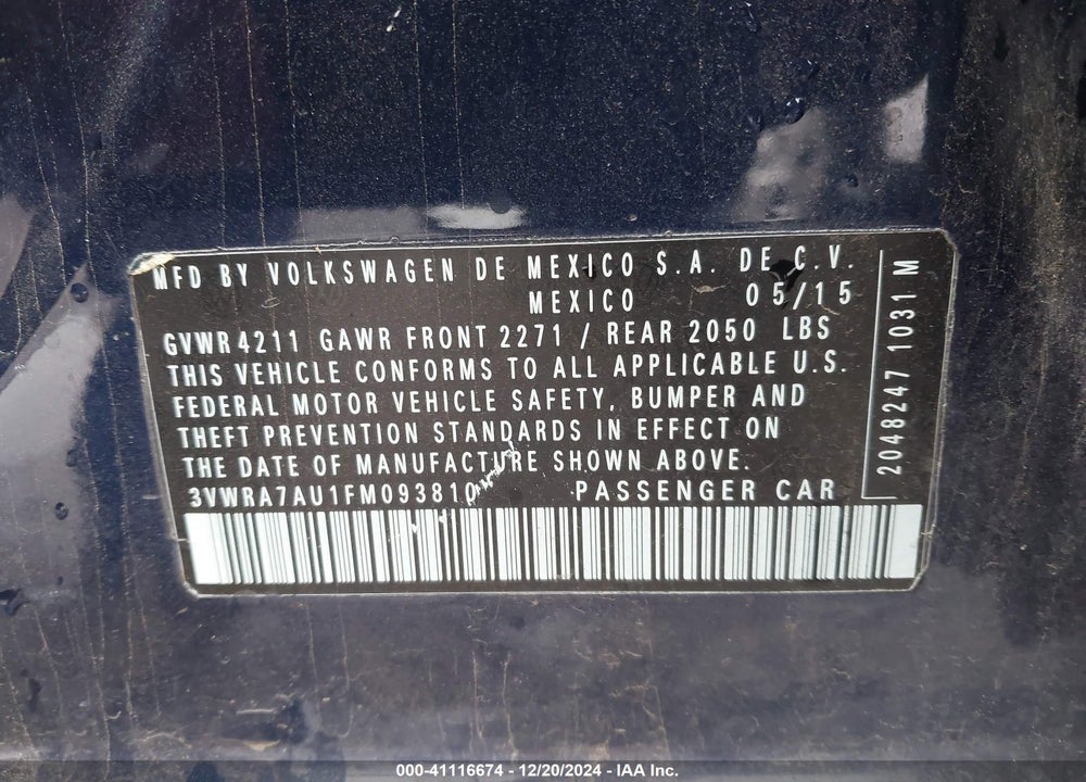 2015 VOLKSWAGEN GOLF TDI S 4-DOOR VIN: 3VWRA7AU1FM093810