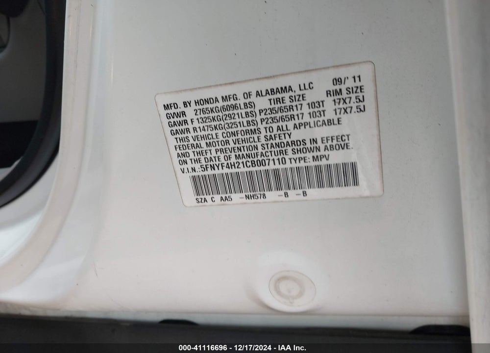 2012 HONDA PILOT LX VIN: 5FNYF4H21CB007110