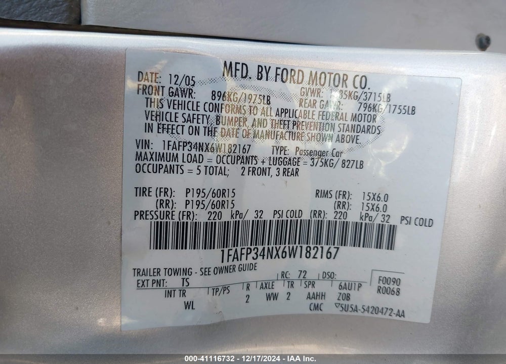 2006 FORD FOCUS ZX4 VIN: 1FAFP34NX6W182167