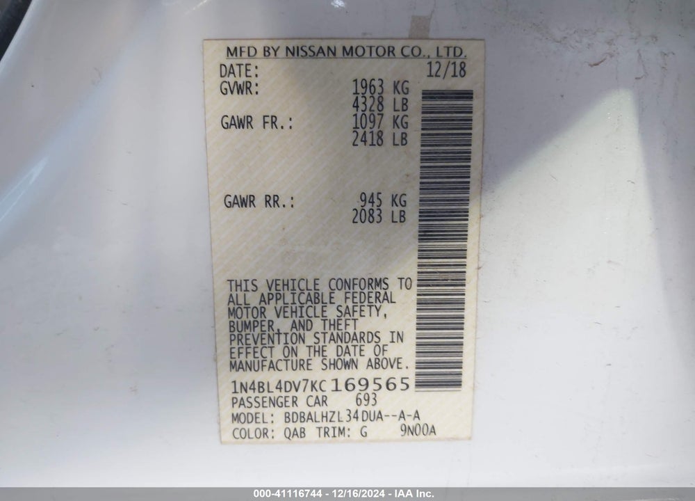 2019 NISSAN ALTIMA VIN: 1N4BL4DV7KC169565