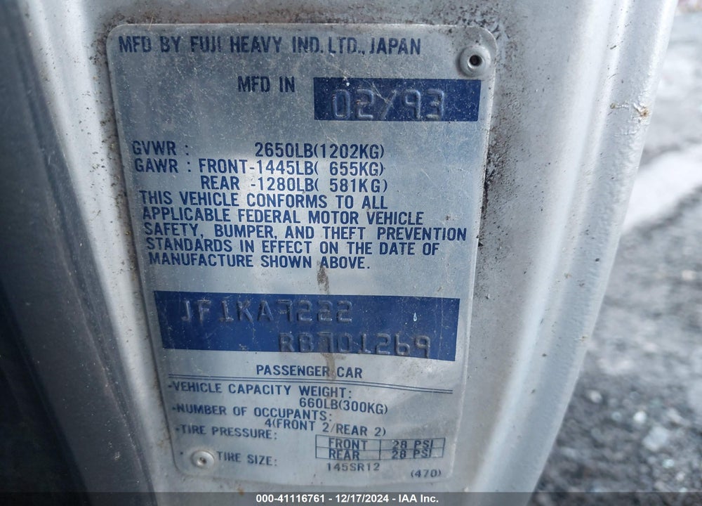 1994 SUBARU JUSTY DL VIN: JF1KA7222RB701269