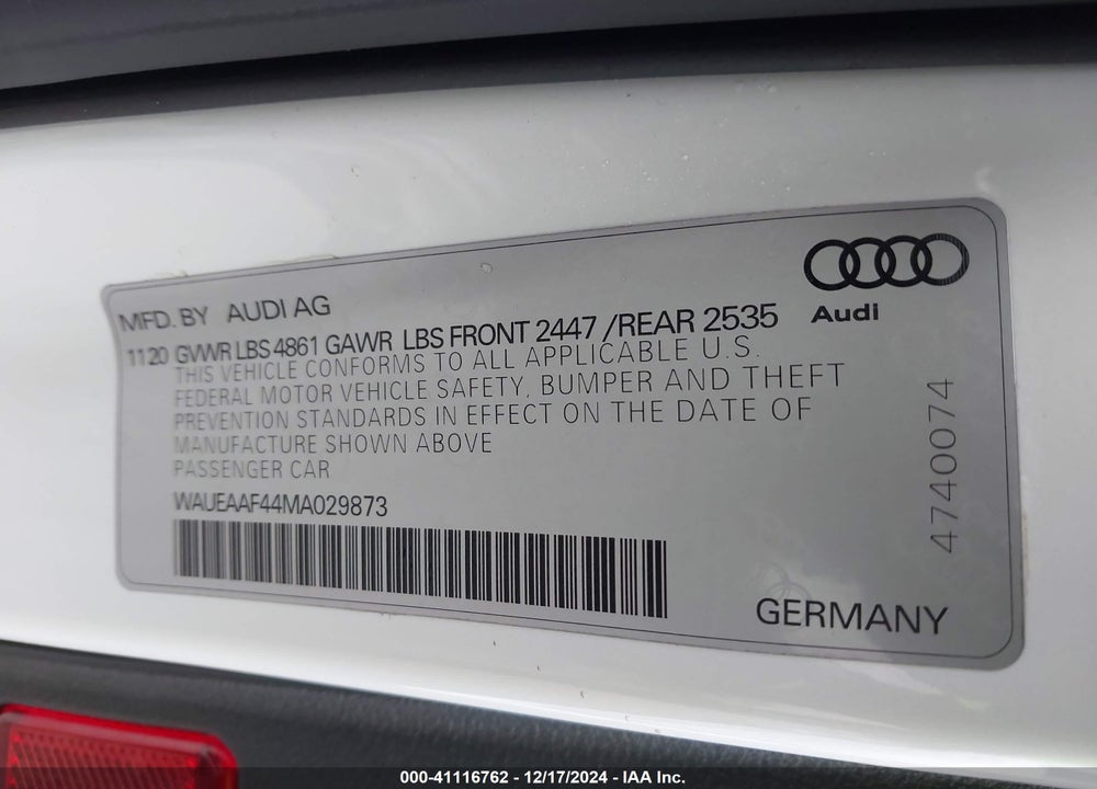 2021 AUDI A4 PREMIUM PLUS 45 TFSI S LINE QUATTRO S TRONIC VIN: WAUEAAF44MA029873
