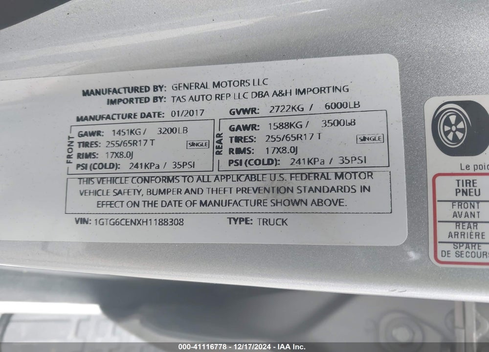 2017 GMC CANYON VIN: 1GTG6CENXH1188308