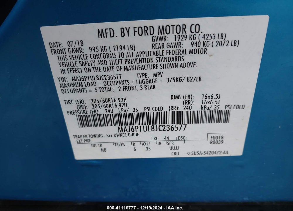 2018 FORD ECOSPORT SE VIN: MAJ6P1UL8JC236577