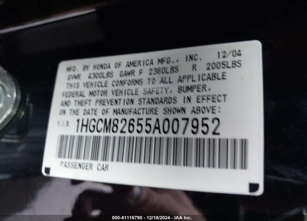 2005 HONDA ACCORD 3.0 EX VIN: 1HGCM82655A007952