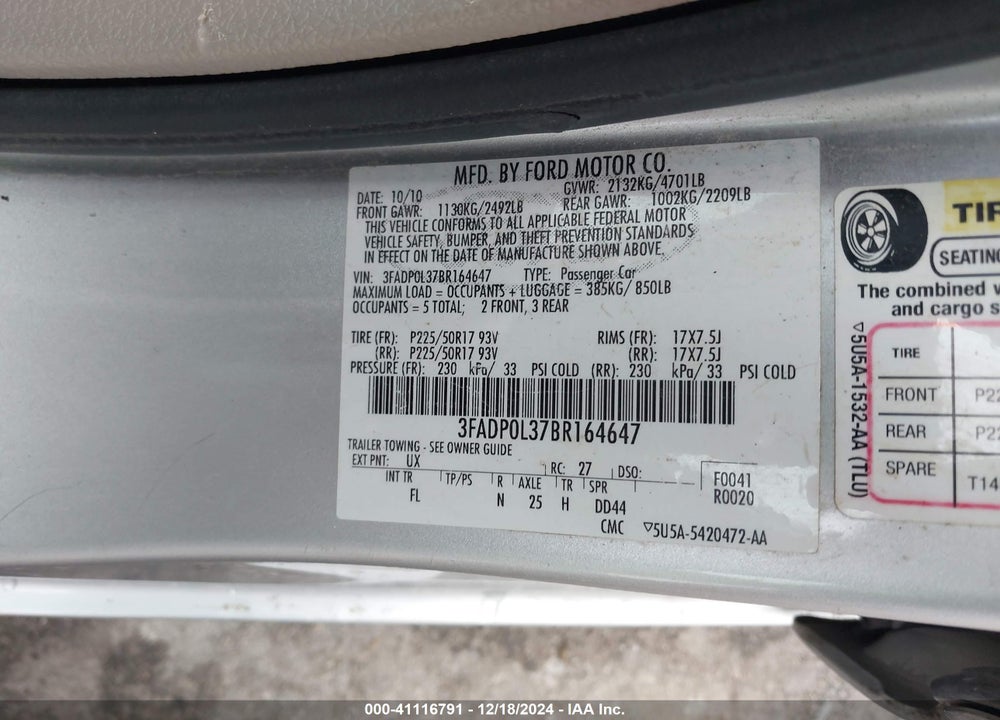 2011 FORD FUSION HYBRID VIN: 3FADP0L37BR164647