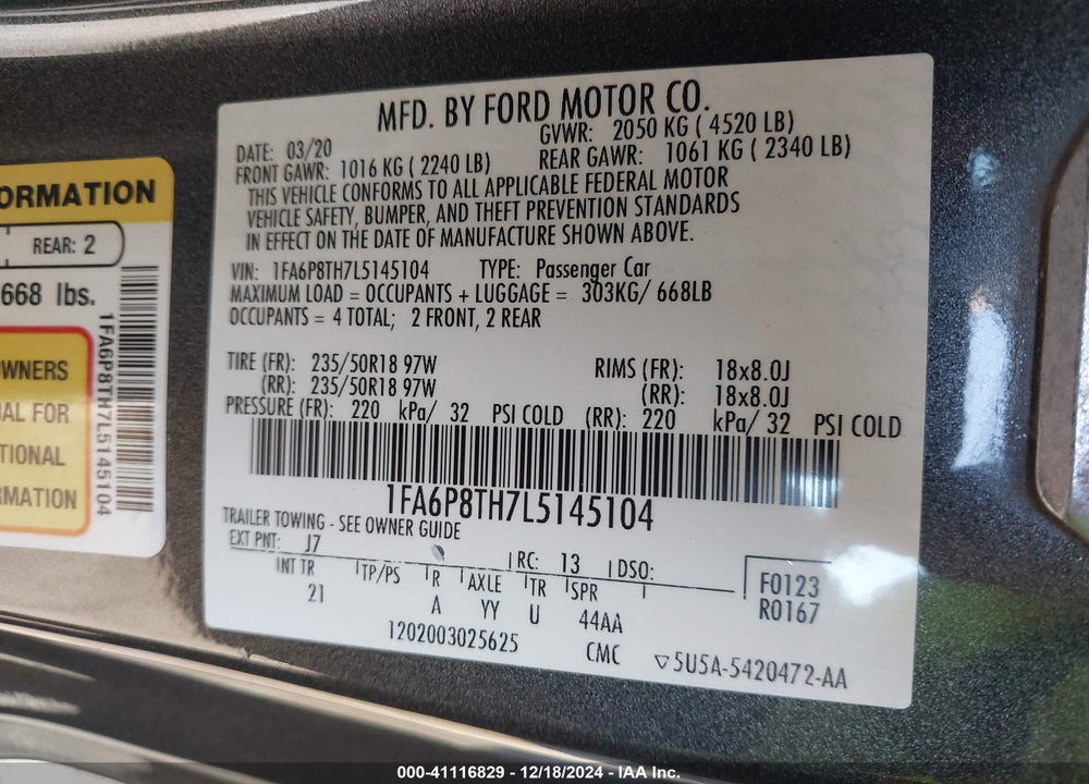 2020 FORD MUSTANG ECOBOOST VIN: 1FA6P8TH7L5145104