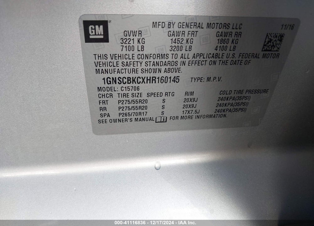 2017 CHEVROLET TAHOE LT VIN: 1GNSCBKCXHR160145