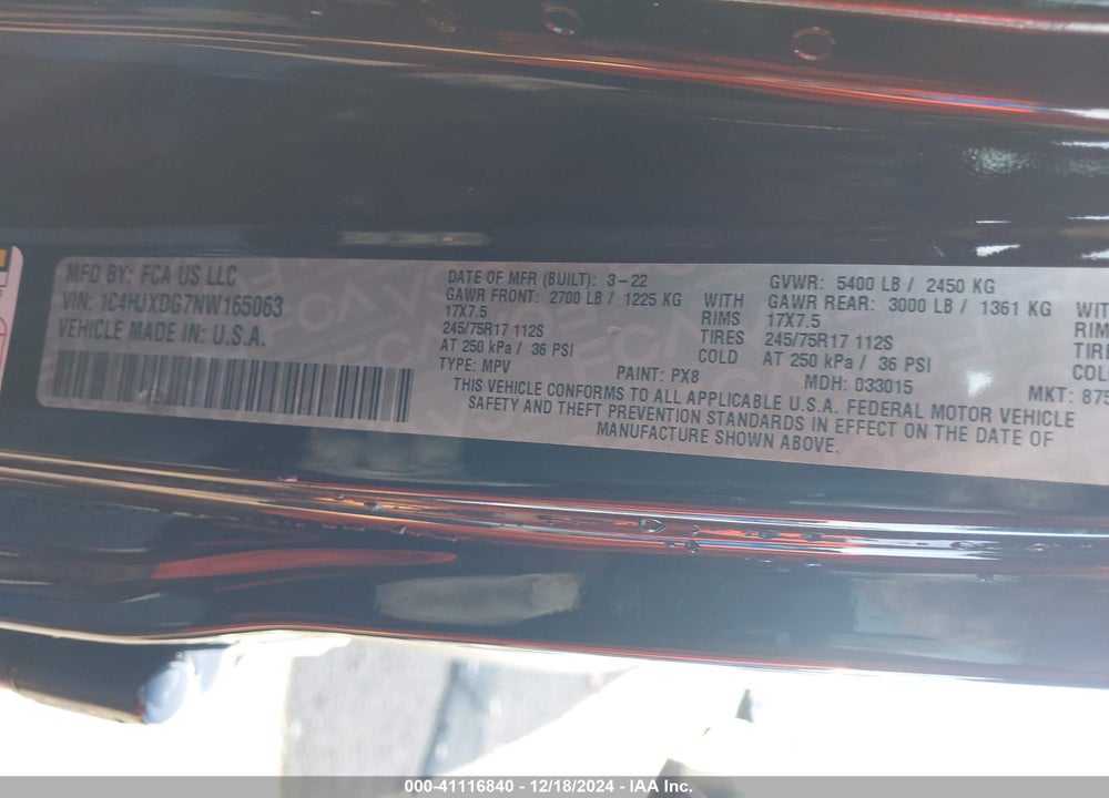 2022 JEEP WRANGLER UNLIMITED SPORT S 4X4 VIN: 1C4HJXDG7NW165063