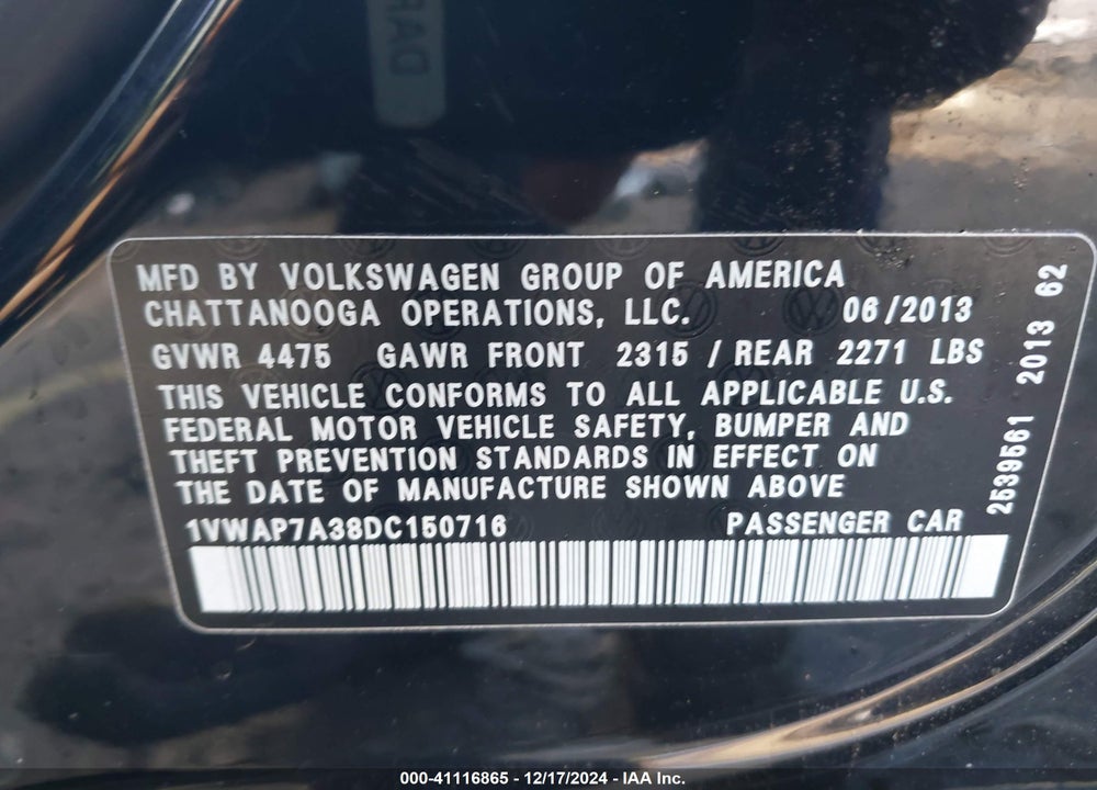 2013 VOLKSWAGEN PASSAT 2.5L WOLFSBURG EDITION VIN: 1VWAP7A38DC150716