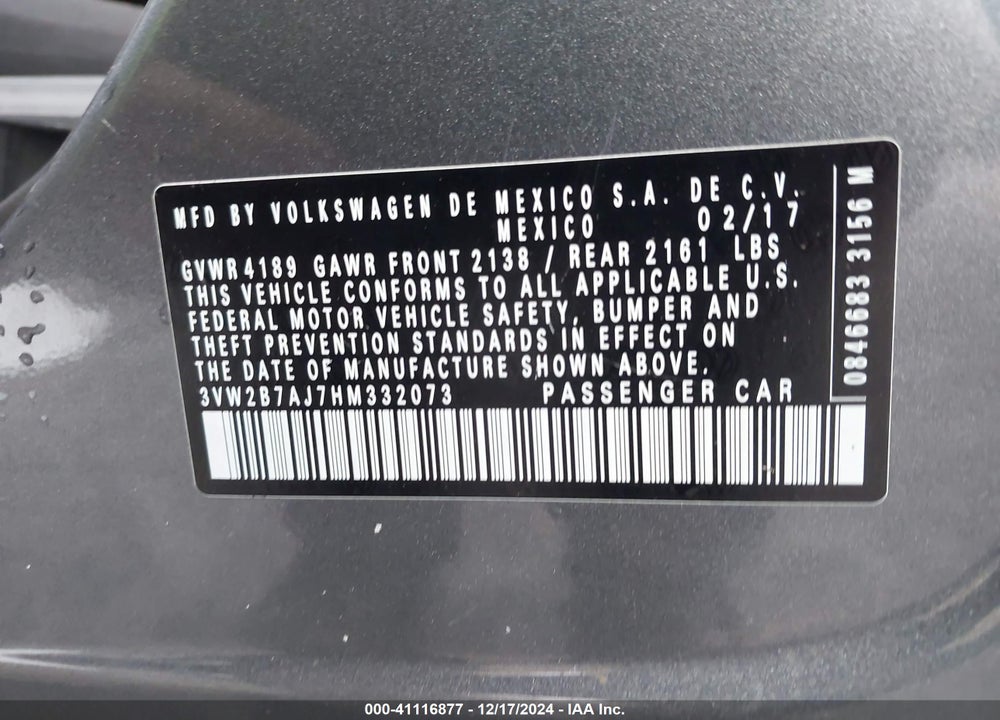 2017 VOLKSWAGEN JETTA 1.4T S VIN: 3VW2B7AJ7HM332073