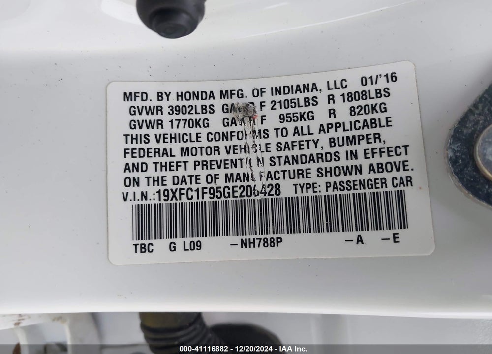 2016 HONDA CIVIC TOURING VIN: 19XFC1F95GE206428
