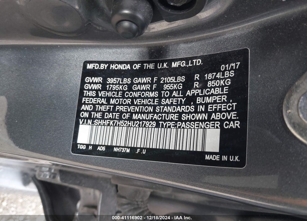 2017 HONDA CIVIC EX VIN: SHHFK7H52HU217929