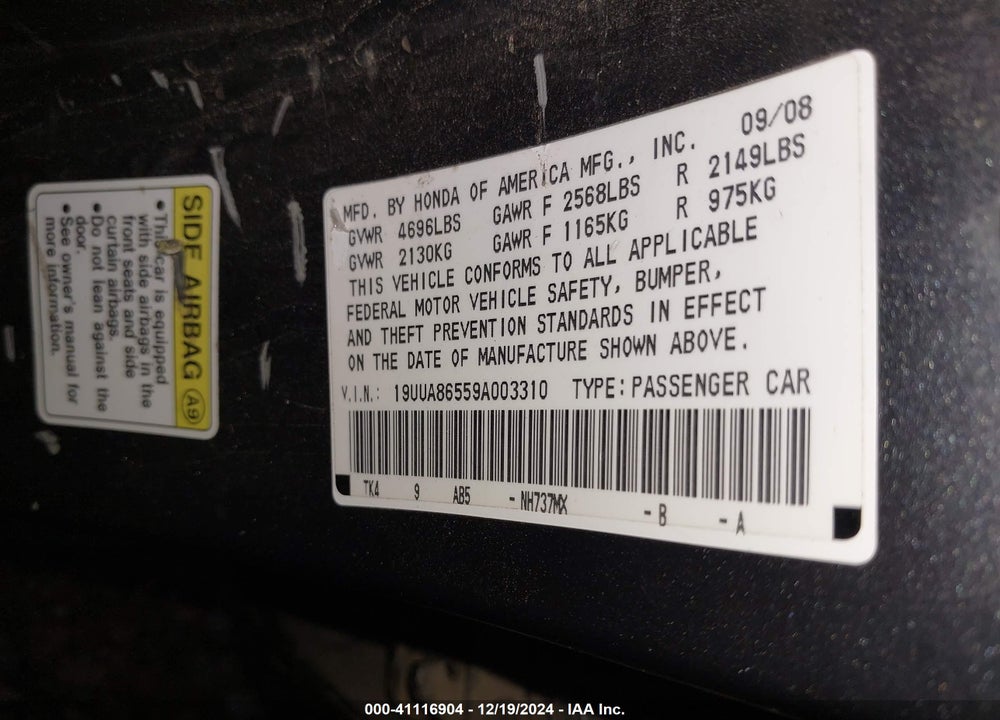 2009 ACURA TL 3.5 VIN: 19UUA86559A003310