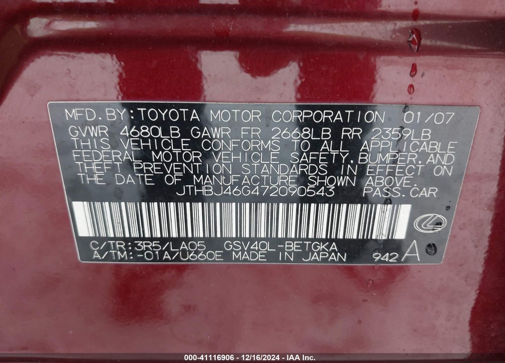 2007 LEXUS ES 350 VIN: JTHBJ46G472090543