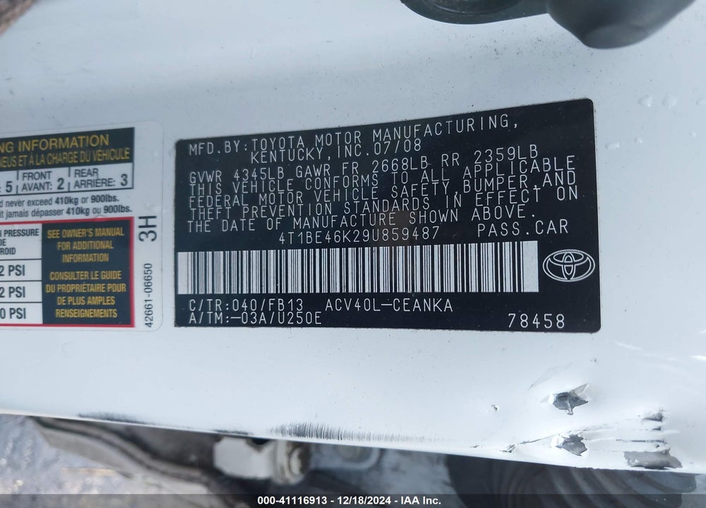 2009 TOYOTA CAMRY VIN: 4T1BE46K29U859487