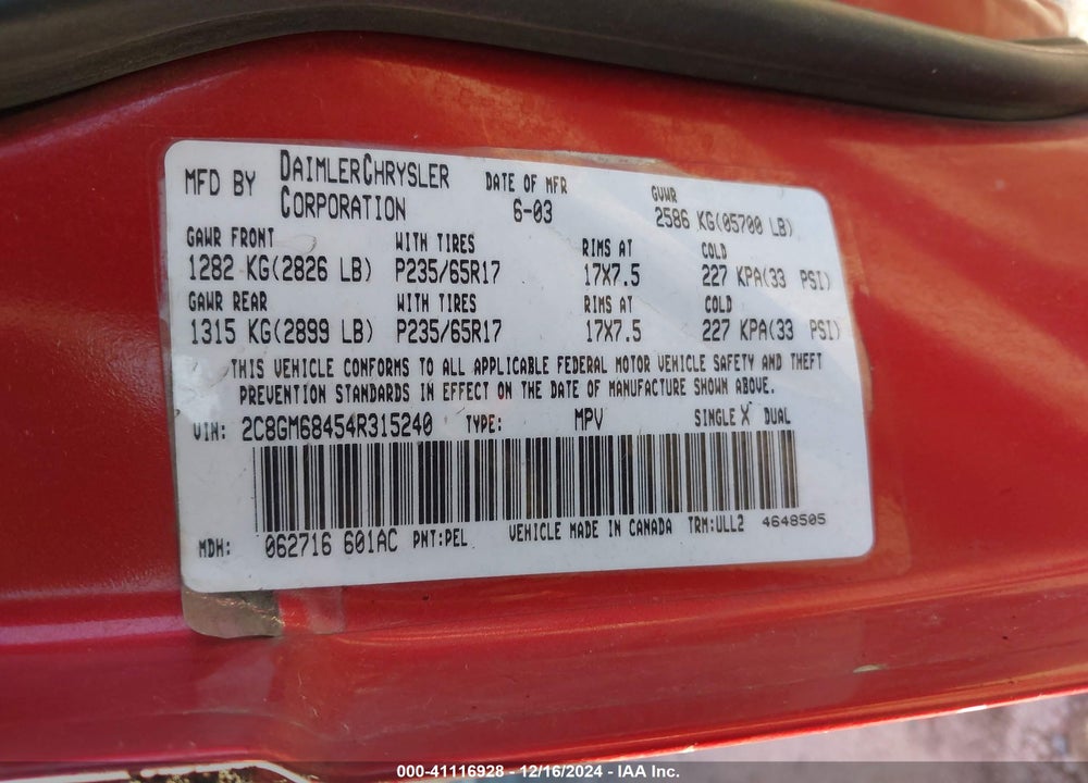 2004 CHRYSLER PACIFICA VIN: 2C8GM68454R315240
