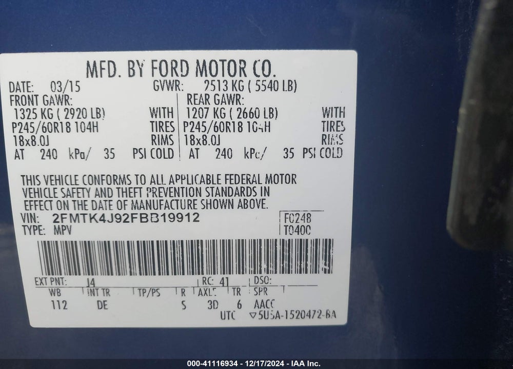 2015 FORD EDGE SEL VIN: 2FMTK4J92FBB19912