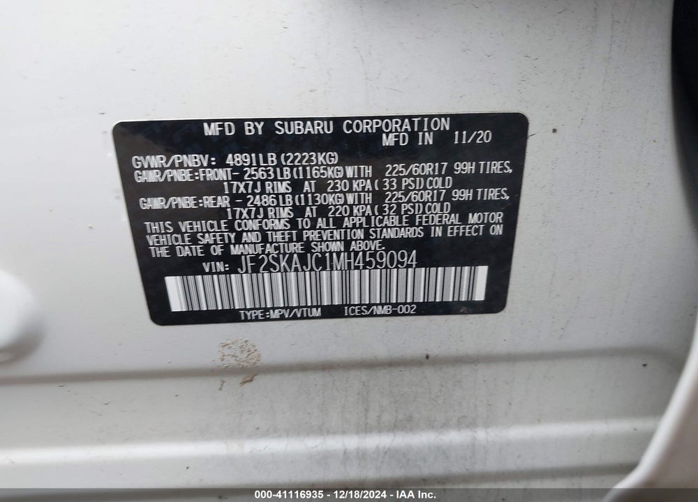 2021 SUBARU FORESTER PREMIUM VIN: JF2SKAJC1MH459094