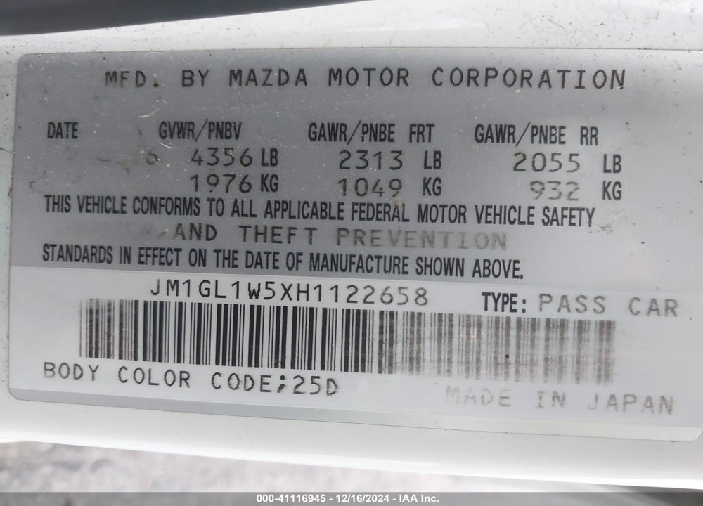 2017 MAZDA MAZDA6 VIN: JM1GL1W5XH1122658