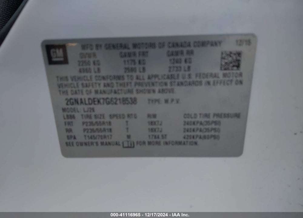 2016 CHEVROLET EQUINOX LTZ VIN: 2GNALDEK7G6218538