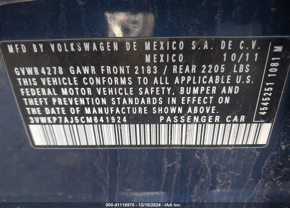 2012 VOLKSWAGEN JETTA SPORTWAGEN 2.5L S VIN: 3VWKP7AJ5CM641924