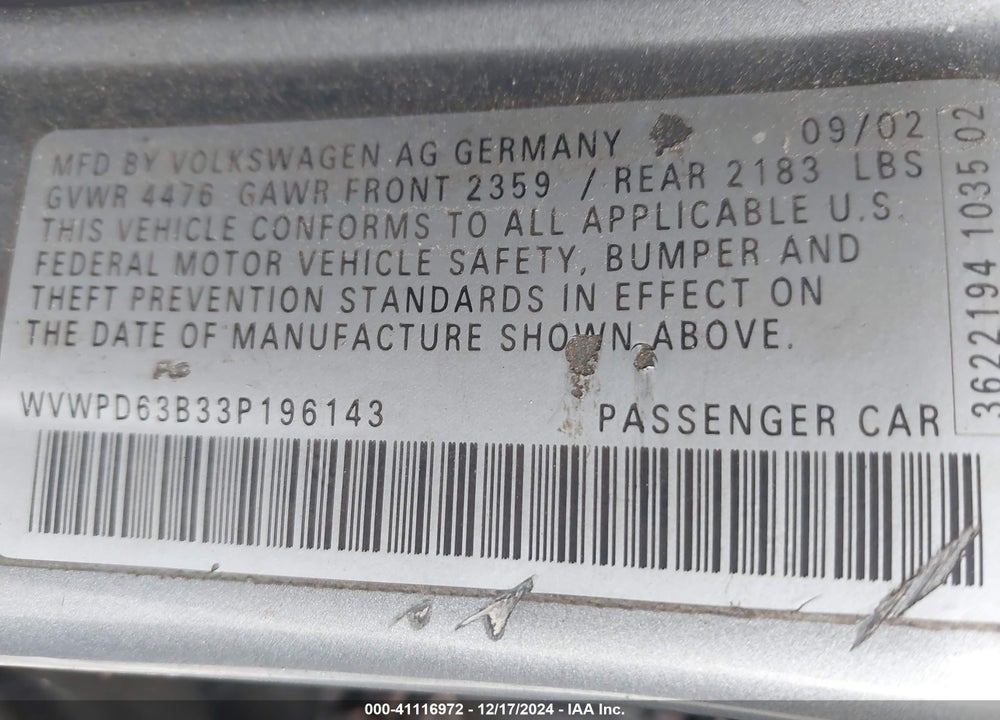 2003 VOLKSWAGEN PASSAT GLS VIN: WVWPD63B33P196143