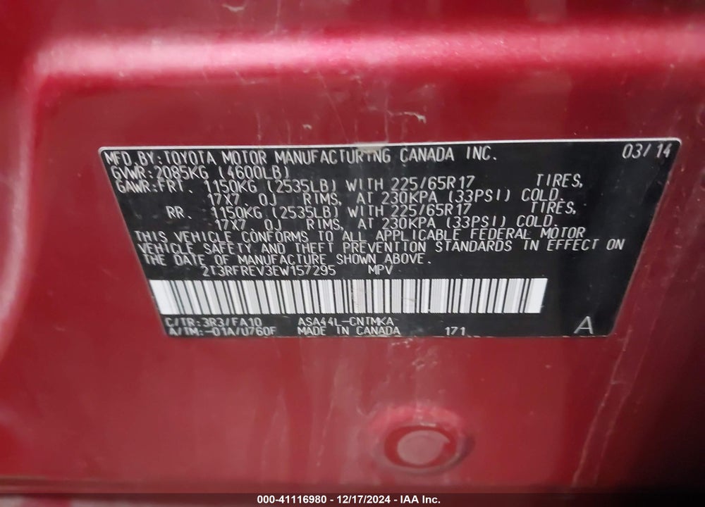 2014 TOYOTA RAV4 XLE VIN: 2T3RFREV3EW157295