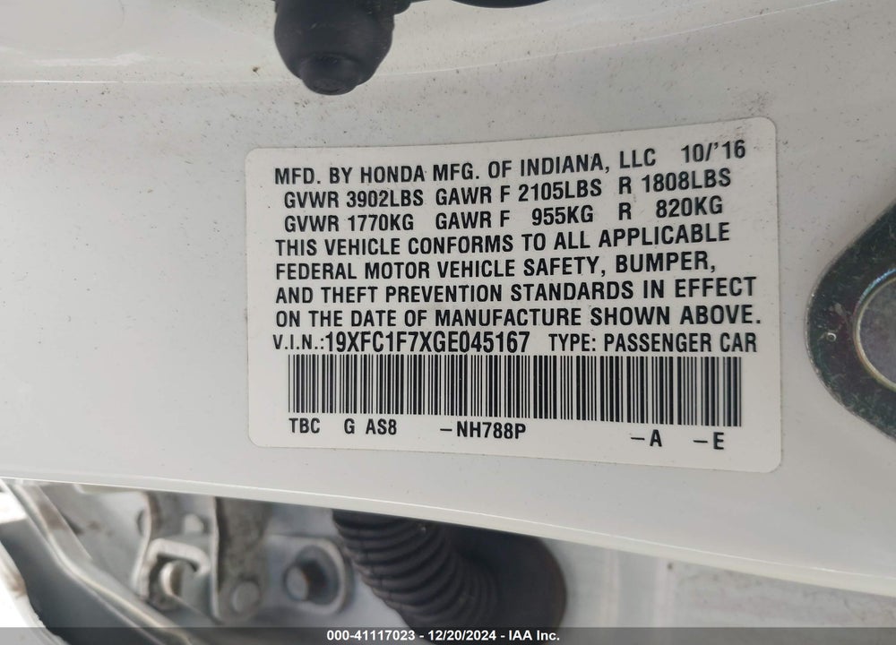 2016 HONDA CIVIC VIN: 19XFC1F7XGE045167