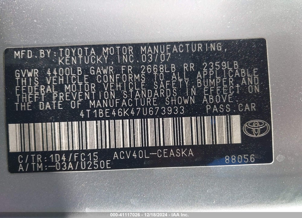 2007 TOYOTA CAMRY SE VIN: 4T1BE46K47U673933