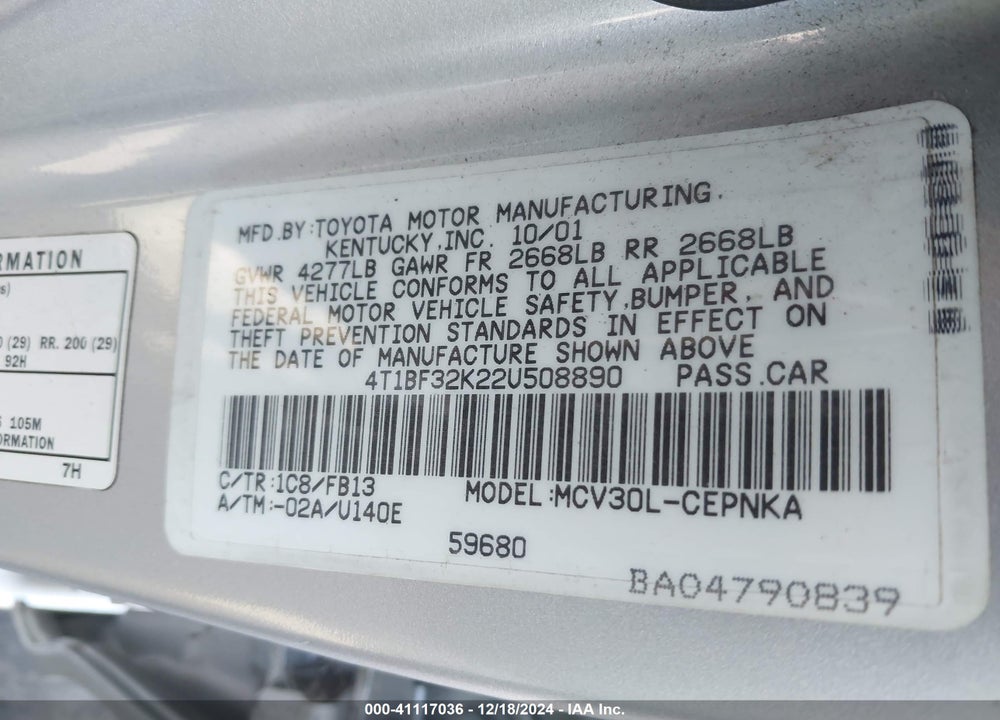 2002 TOYOTA CAMRY LE V6 VIN: 4T1BF32K22U508890
