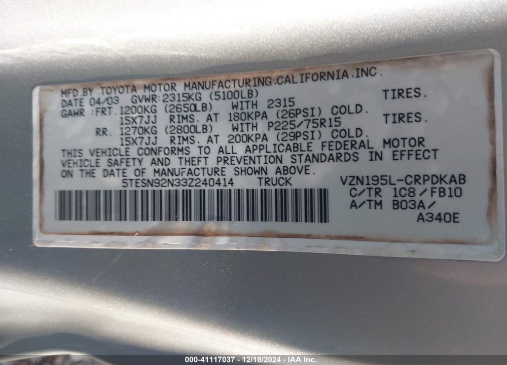 2003 TOYOTA TACOMA PRERUNNER V6 VIN: 5TESN92N33Z240414