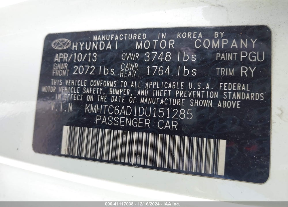 2013 HYUNDAI VELOSTER BASE W/BLACK VIN: KMHTC6AD1DU151285
