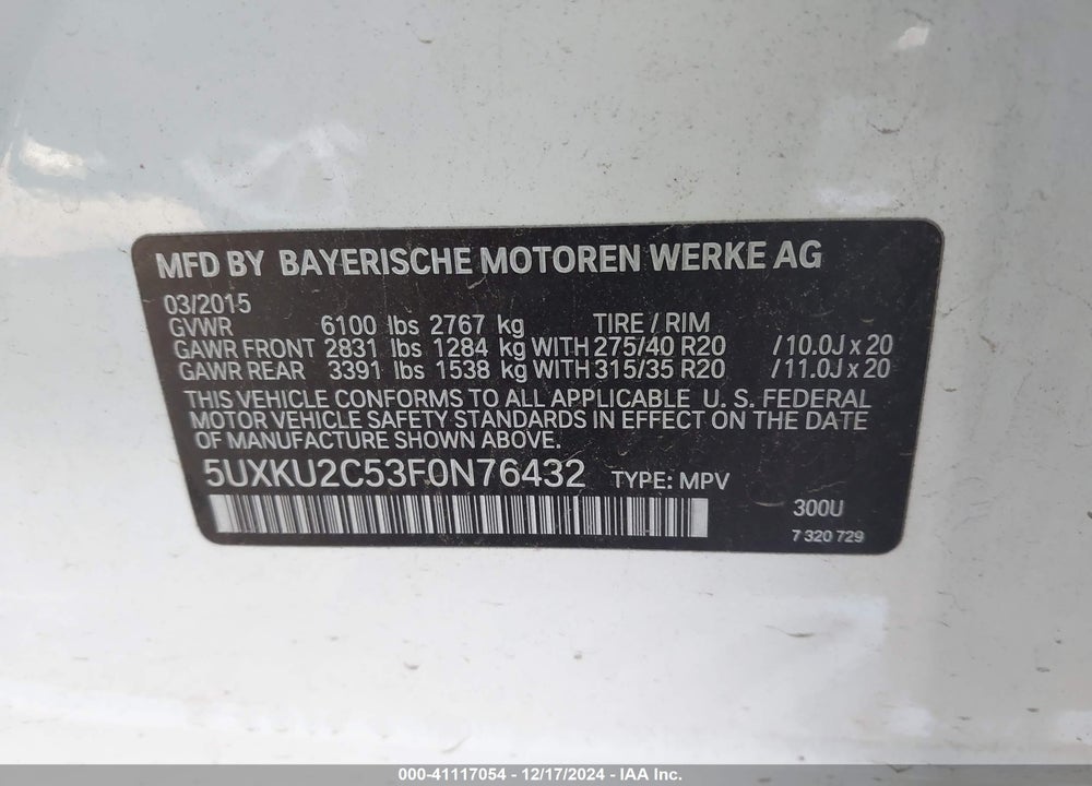 2015 BMW X6 XDRIVE35I VIN: 5UXKU2C53F0N76432