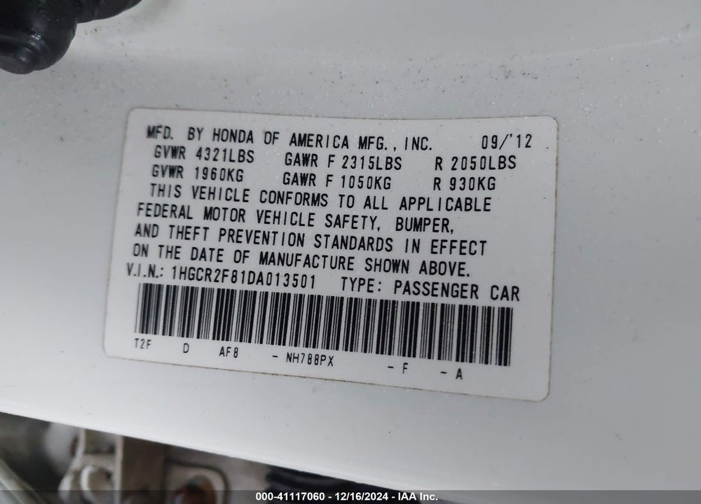 2013 HONDA ACCORD VIN: 1HGCR2F81DA013501