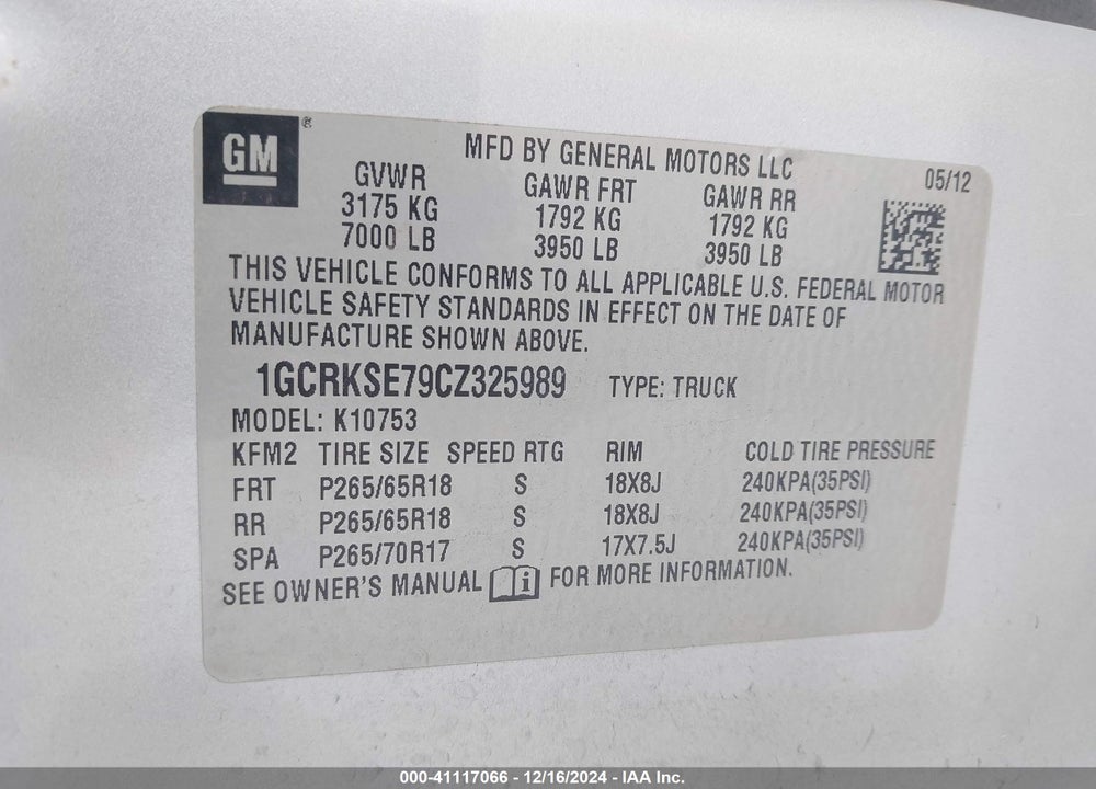 2012 CHEVROLET SILVERADO 1500 LT VIN: 1GCRKSE79CZ325989