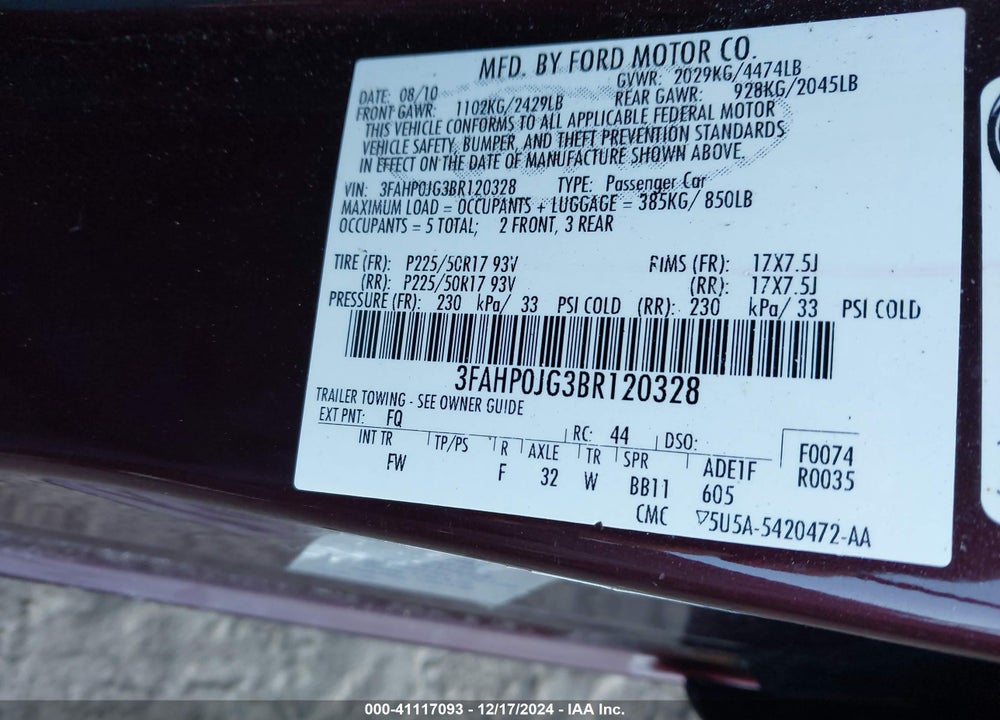 2011 FORD FUSION SEL VIN: 3FAHP0JG3BR120328